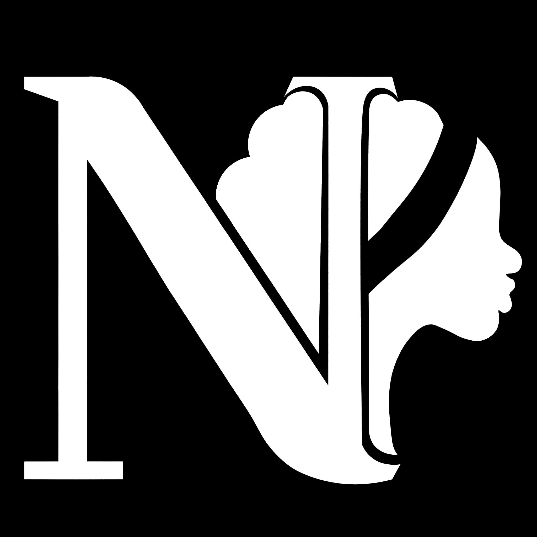 A black and white graphic logo combining a letter 'N', a face profile of a woman, and a decorative element.