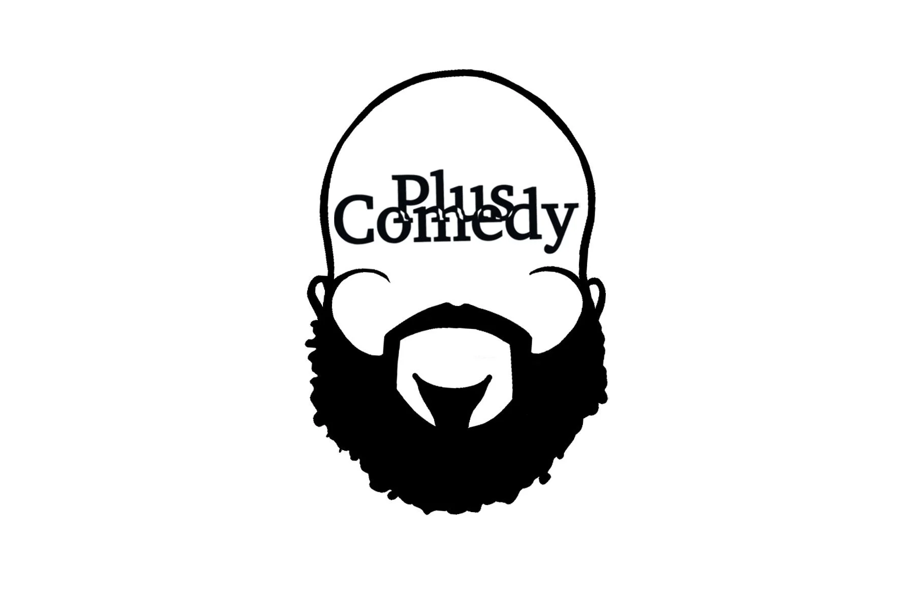Black and white illustration of a bald man's face with a beard, with the word 'Plus Comedy' written on his forehead.