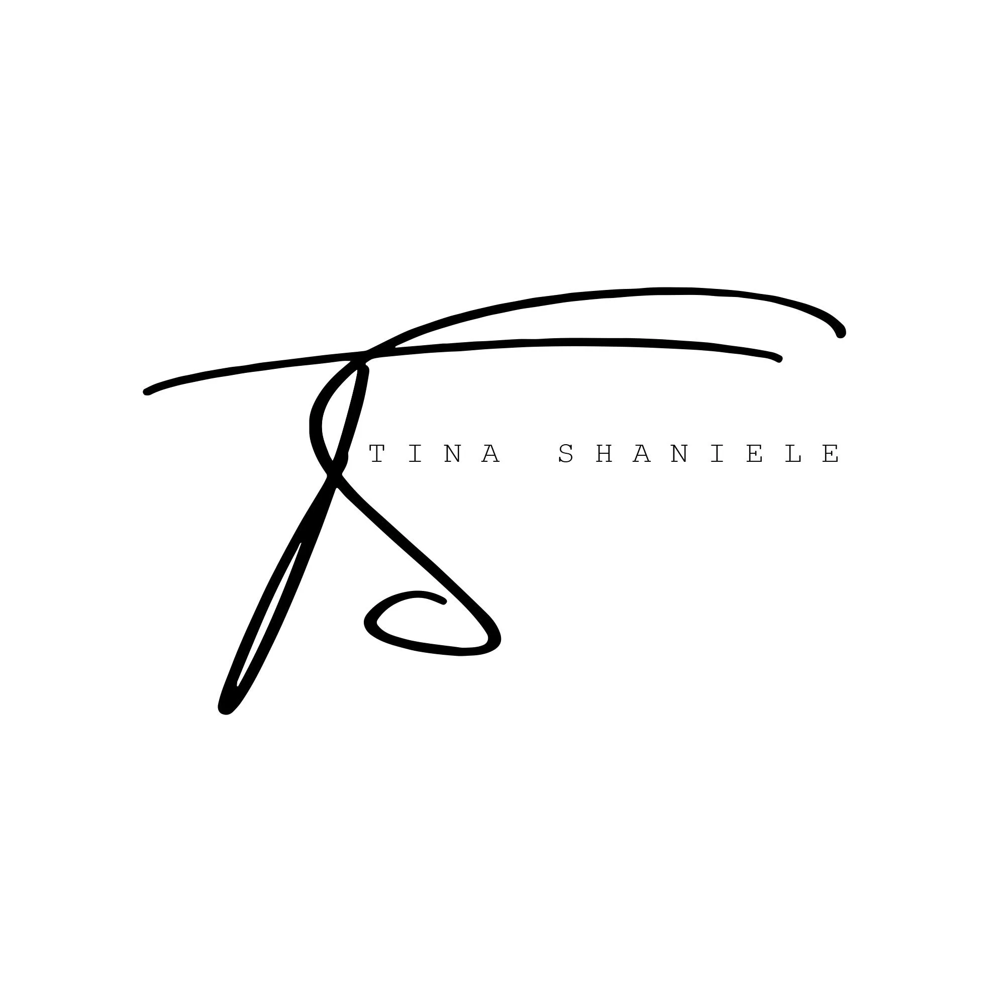 Elegant logo for Tina Shanele with a black handwritten signature style and minimalist design on a white background.