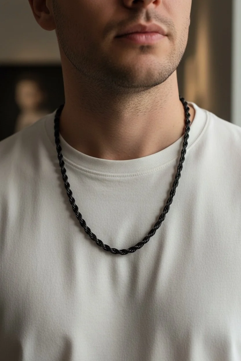 Primer plano de un hombre con barba vestiendo una camiseta blanca y usando un collar entrelazado de color negro.