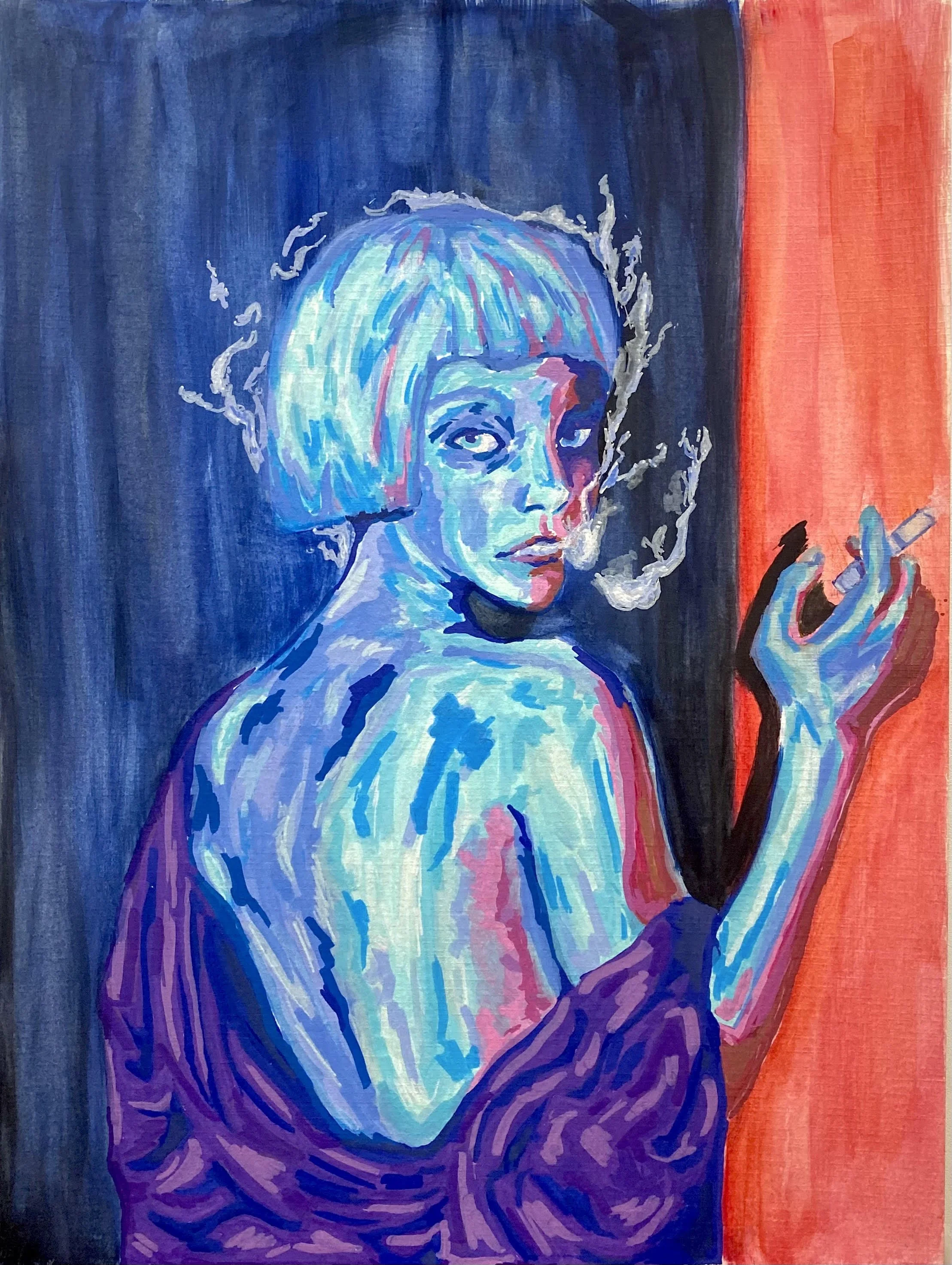 Colorful abstract portrait of a woman with short hair, described with bold brushstrokes in shades of blue, purple, pink, and white, against a dark background with a red stripe on the right.