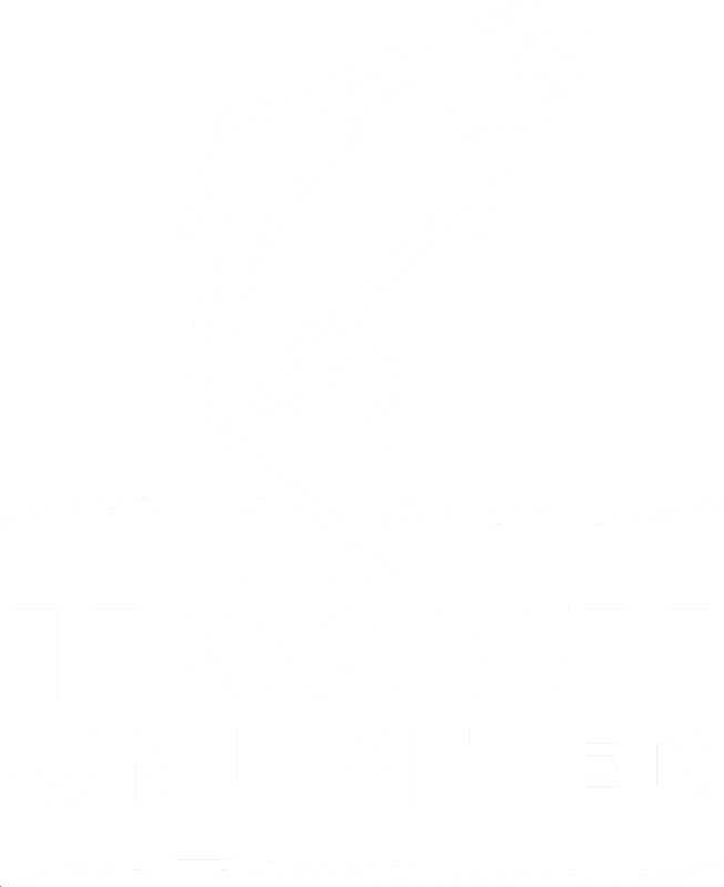 Black and white logo featuring a stylized trout jumping out of water with the text "Trout Unlimited" underneath.
