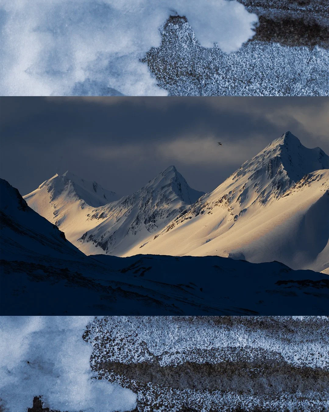 Snow-capped mountains under a cloudy sky with a bird flying, and snow-covered ground in the foreground.