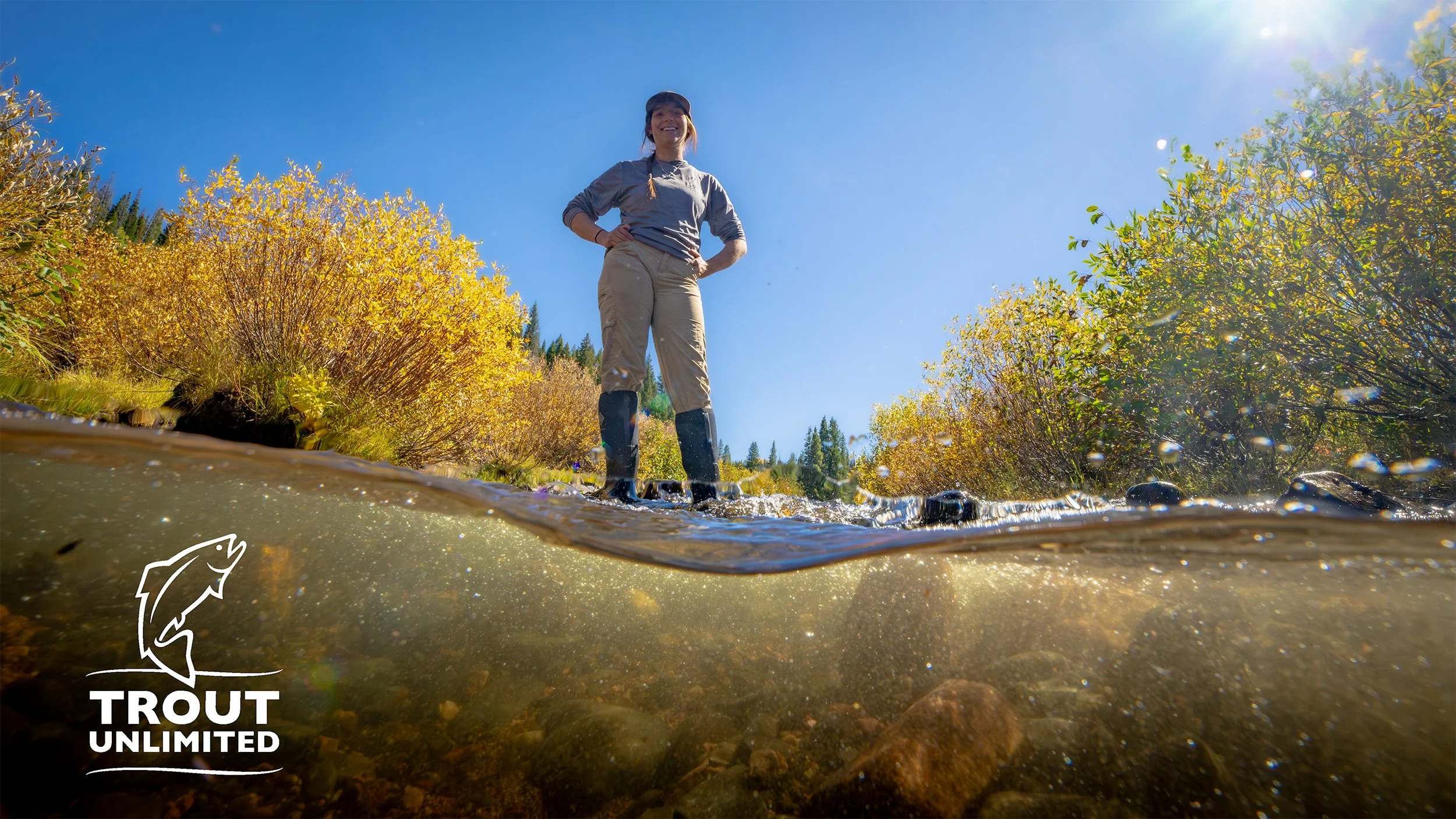 A Trout Unlimited river scientist and project manager stands in a shallow stream with a backdrop of yellow foliage (aspens) and blue sky, wearing waders, smiling, with a 'Trout Unlimited' logo in the bottom left corner. In the mountains of Steamboat.