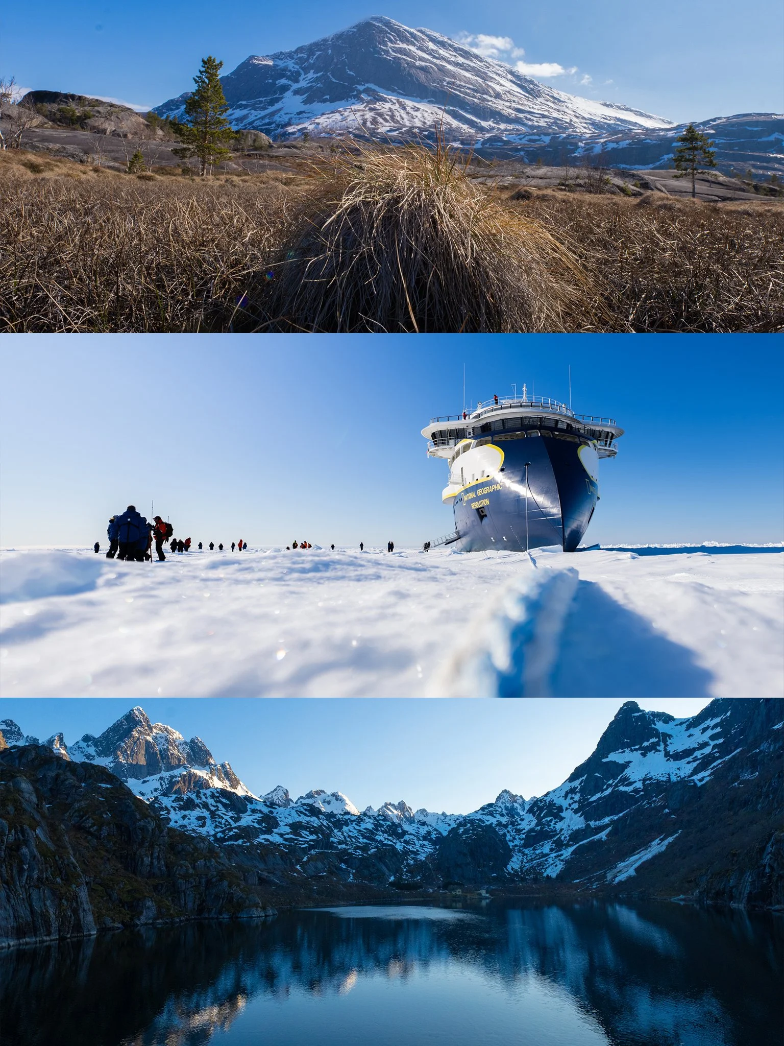 Three landscape photographs of a mountain, a National Geographic Linblad expedition ship in icy waters with people, and a calm mountain lake with snow-covered peaks in the background. Taken for a tourism travel board. 
