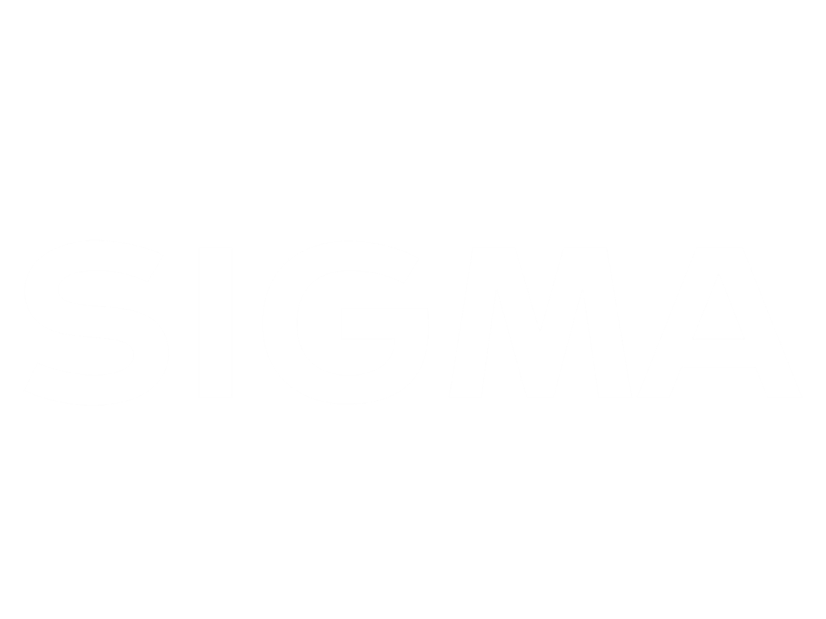 A black and white logo of Sigma, with the word 'SIGMA' in bold white letters.