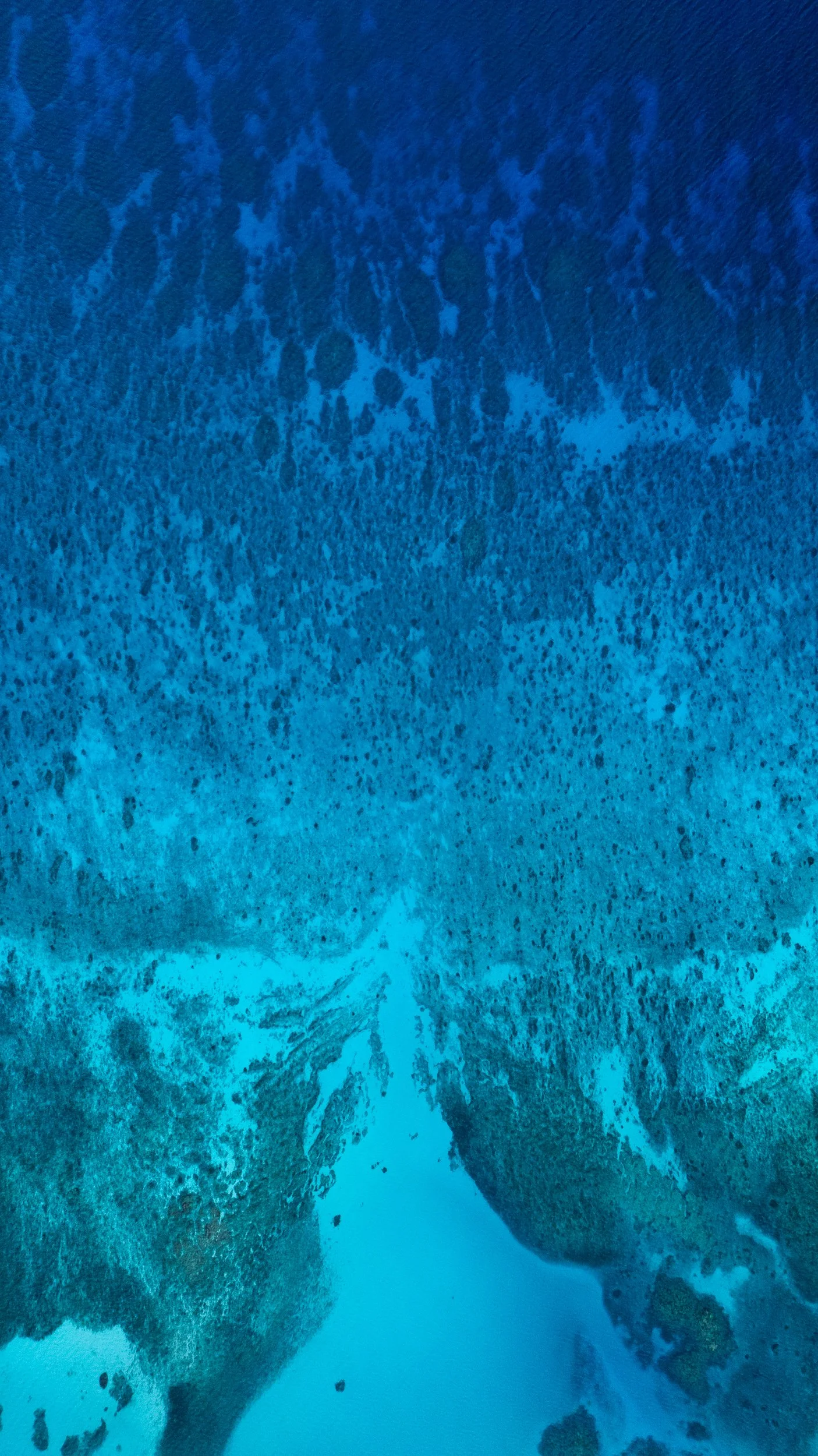 A professional Aerial drone image of a Aerial view of a abstract coral reef in a very blue body of water. Taken for an ocean conservation NGO. 