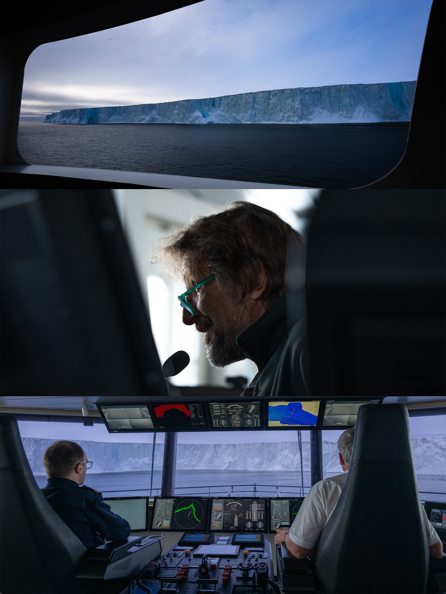 View through LINBLAD National Geographic, ship window showing a glacier and icy coastline. Inside the ship's navigation bridge, two crew members, one man with glasses and a beard, and another man with gray hair, monitor instruments and screens. 