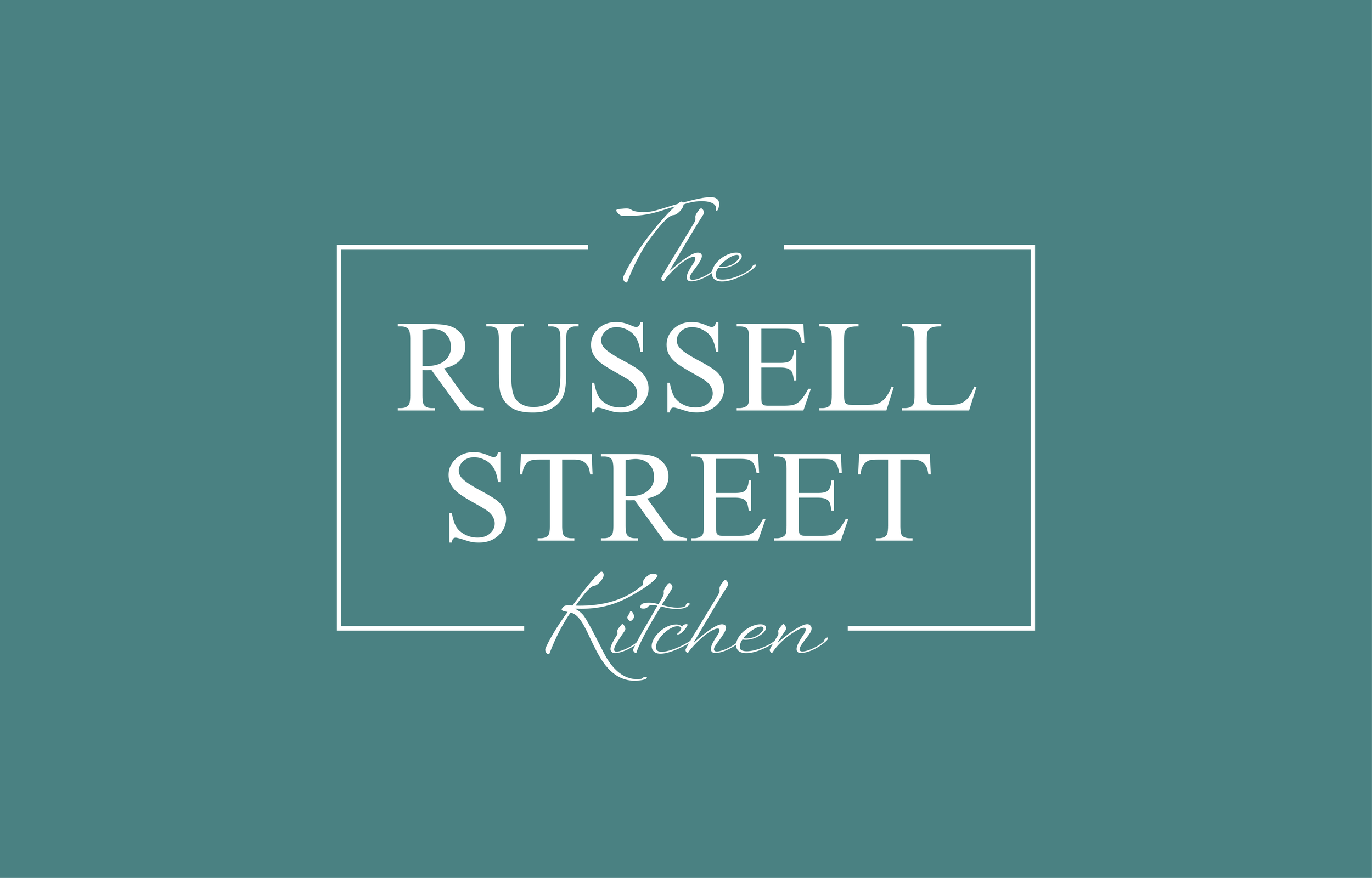 Logo for The Russell Street Kitchen with teal background and white text.