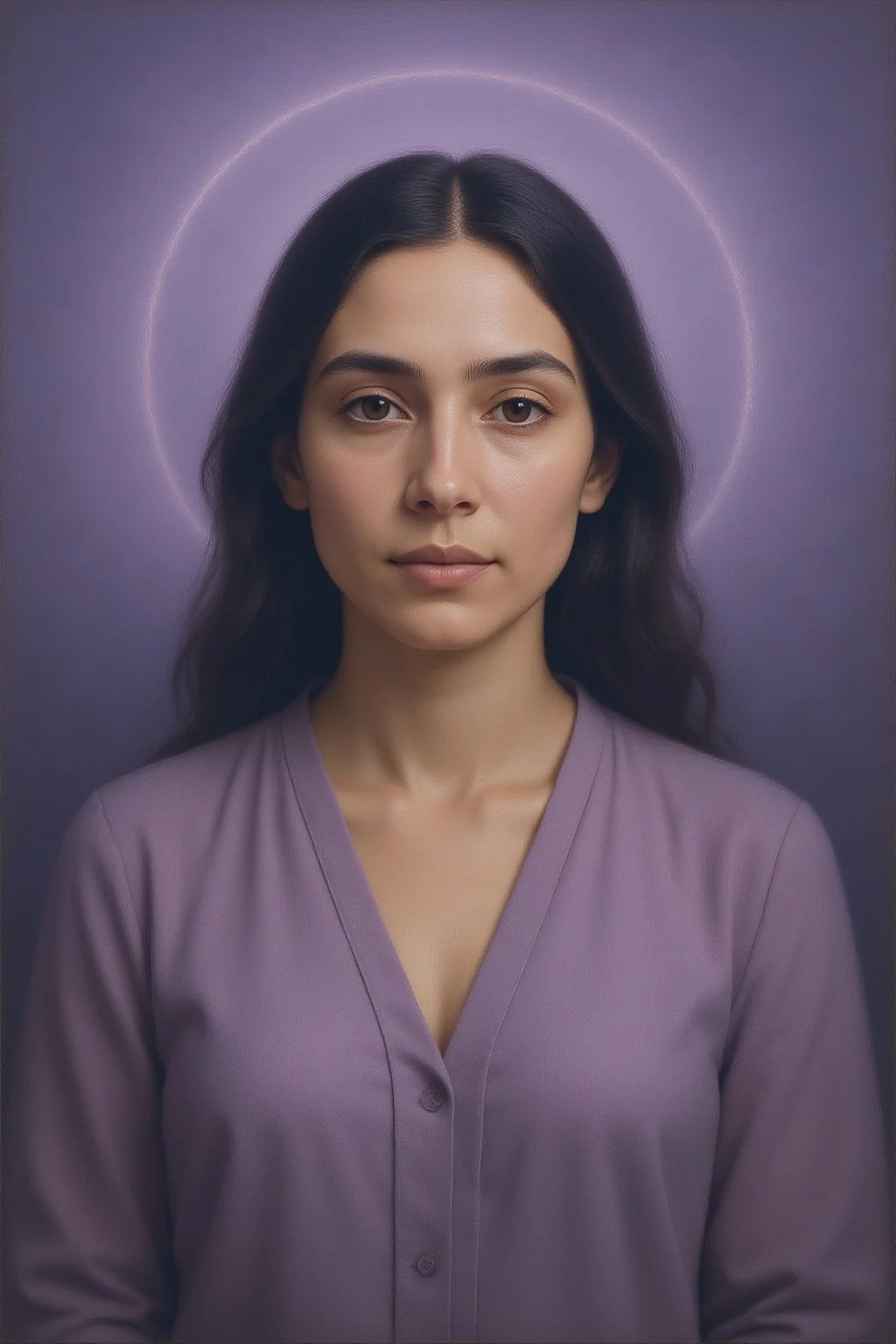 Retrato de uma mulher com cabelo castanho escuro e liso, usando blusa lilás, com uma luz de halo ao redor de sua cabeça em fundo roxo.