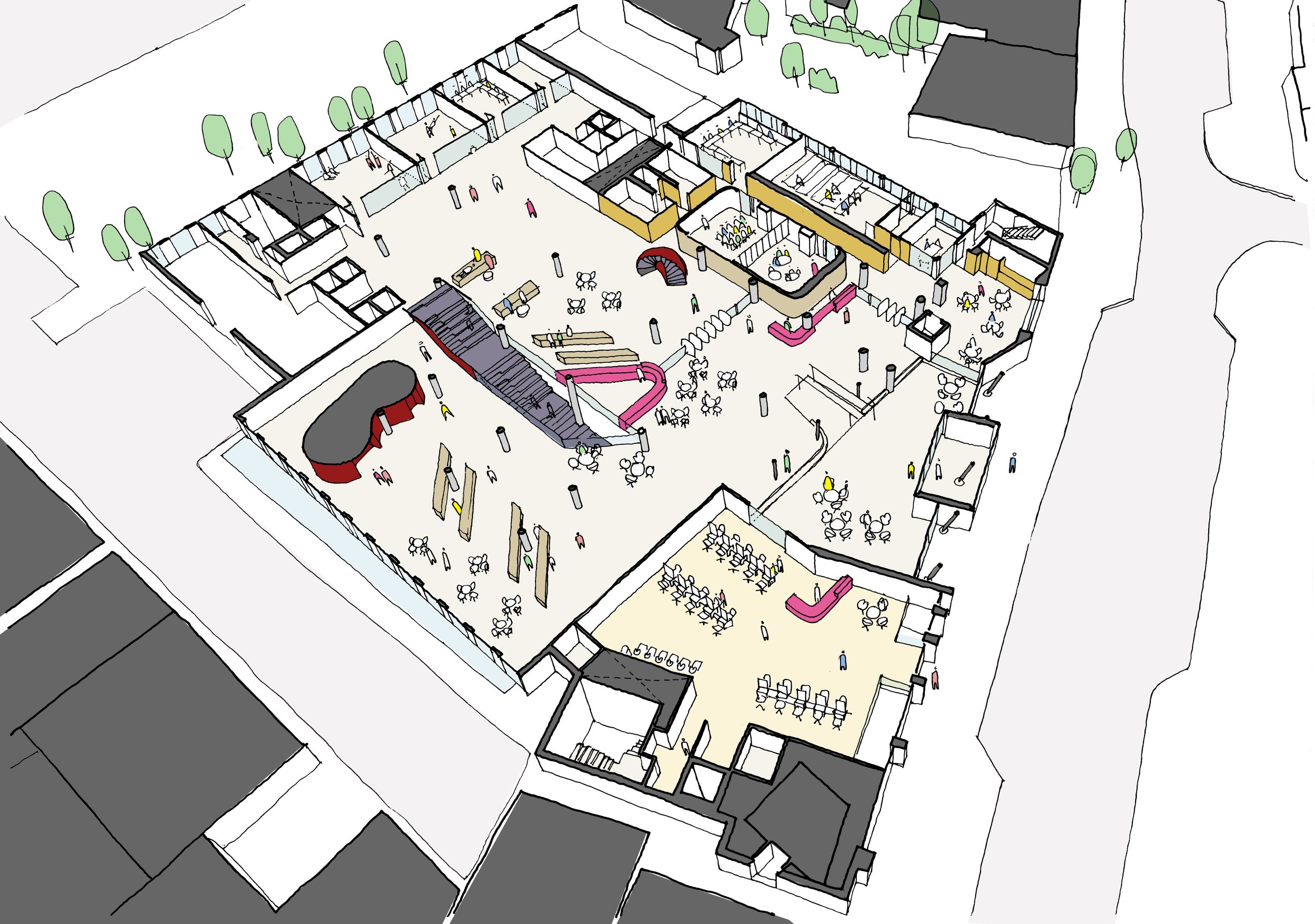A digital rendering of a multi-room building layout, including open spaces with tables and chairs, smaller rooms, and outdoor greenery with trees.
