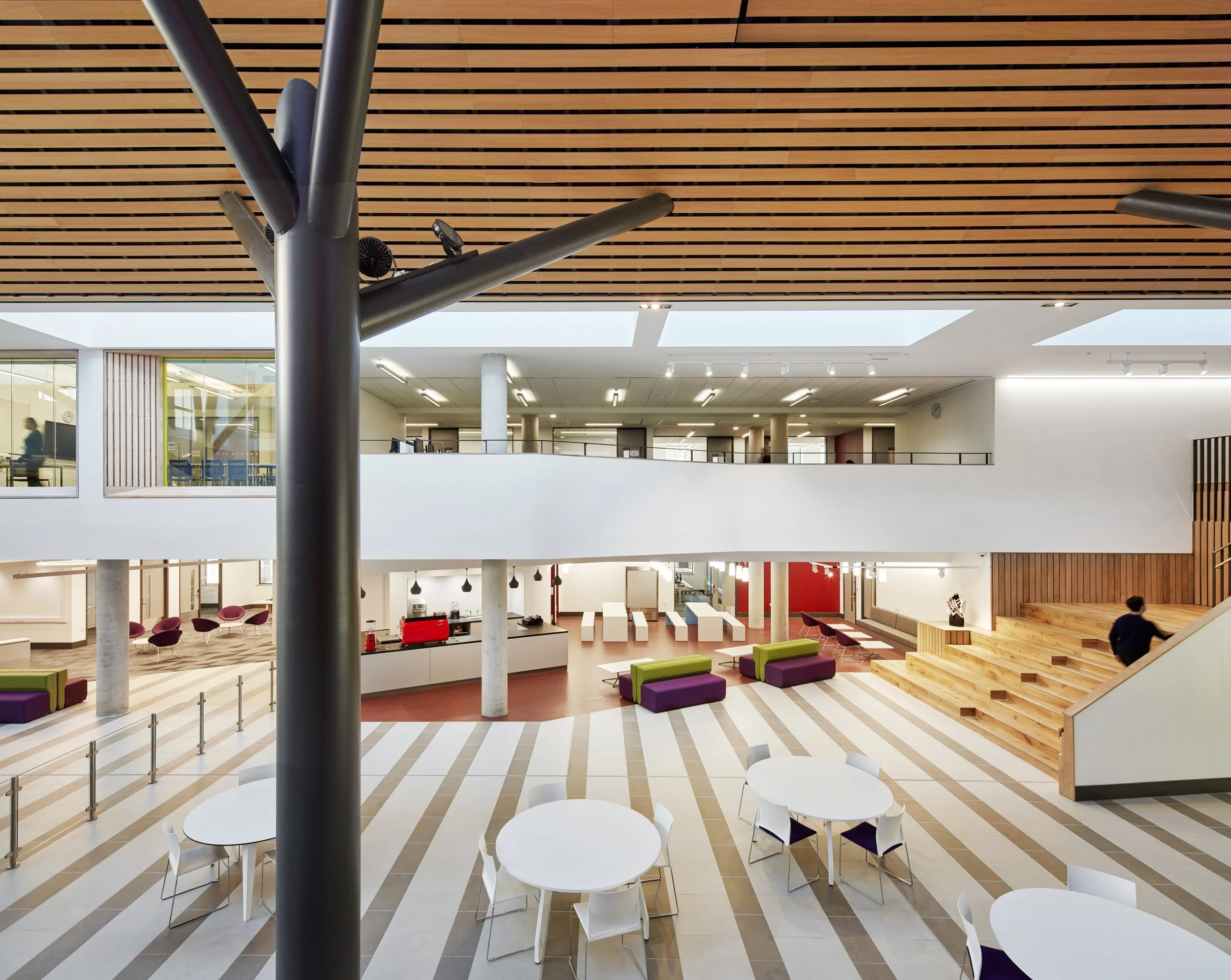 Atrium with various seating arrangements at Southwark College