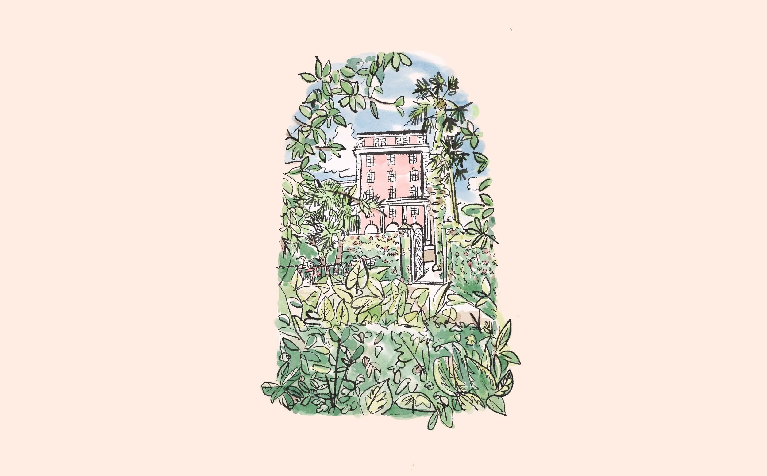 illustration of a garden and pink hotel