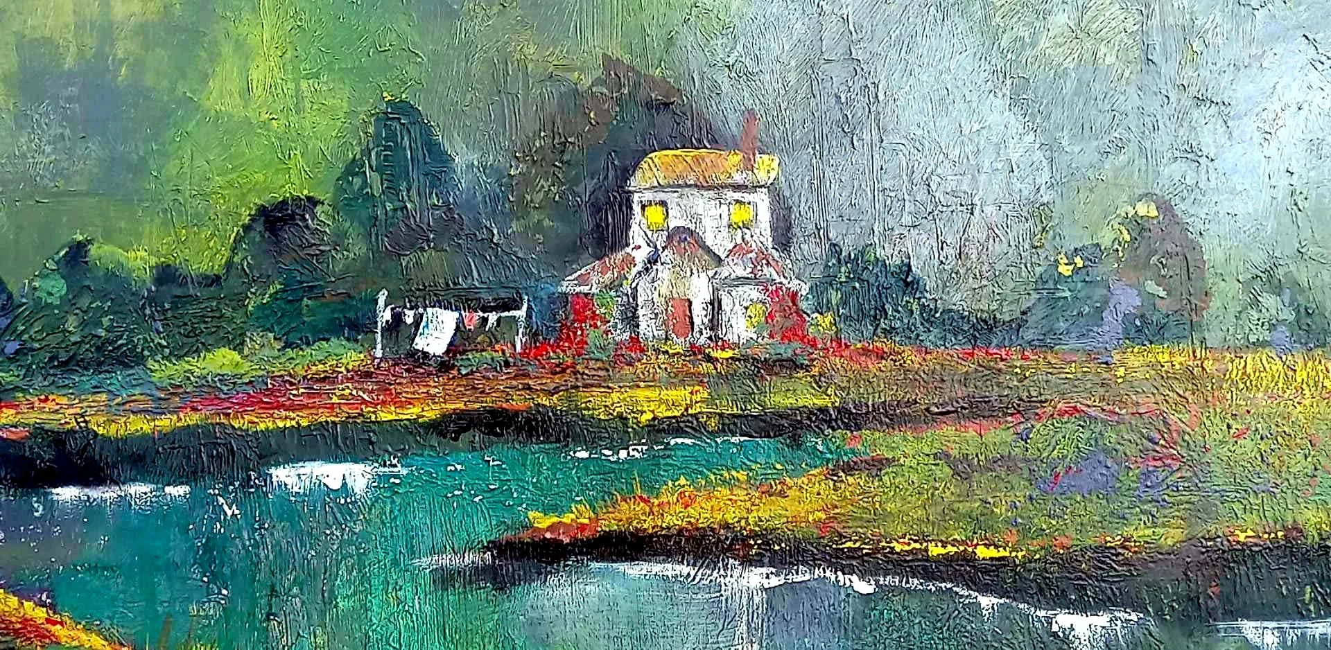 Colorful impressionist painting of a house near a river with trees and vibrant landscape