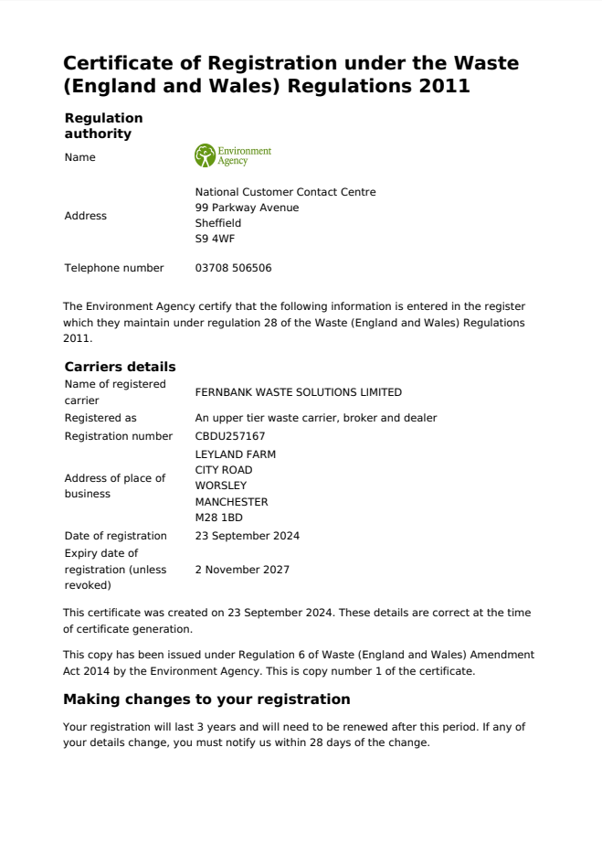Fernbank Waste Carriers License