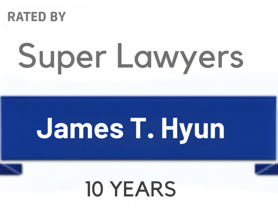 Certificate or award featuring the title "Super Lawyers" awarded to James T. Hyun for 10 years of recognition.