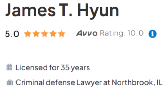 A review profile for James L. Hyun showing a 5-star rating, an Avvo rating of 10, and details about 35 years of licensing and experience as a criminal defense lawyer in Northbrook, Illinois.