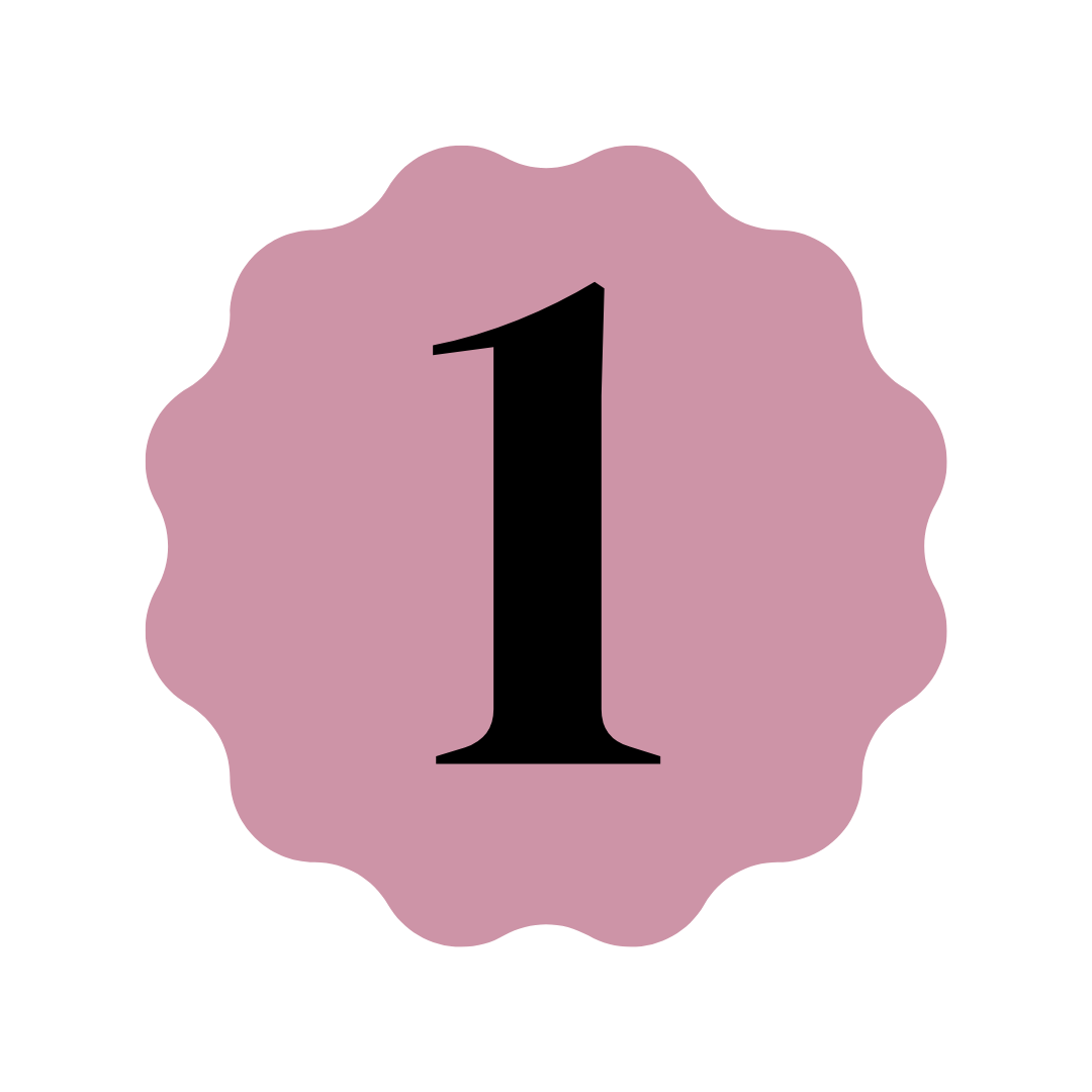 Pink badge with scalloped edges containing the black number 1.