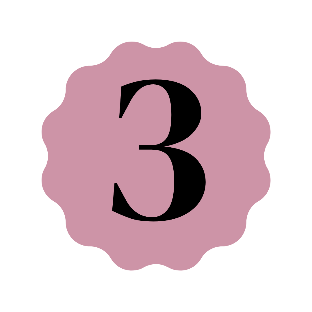Pink badge with scalloped edges containing the black number 3.