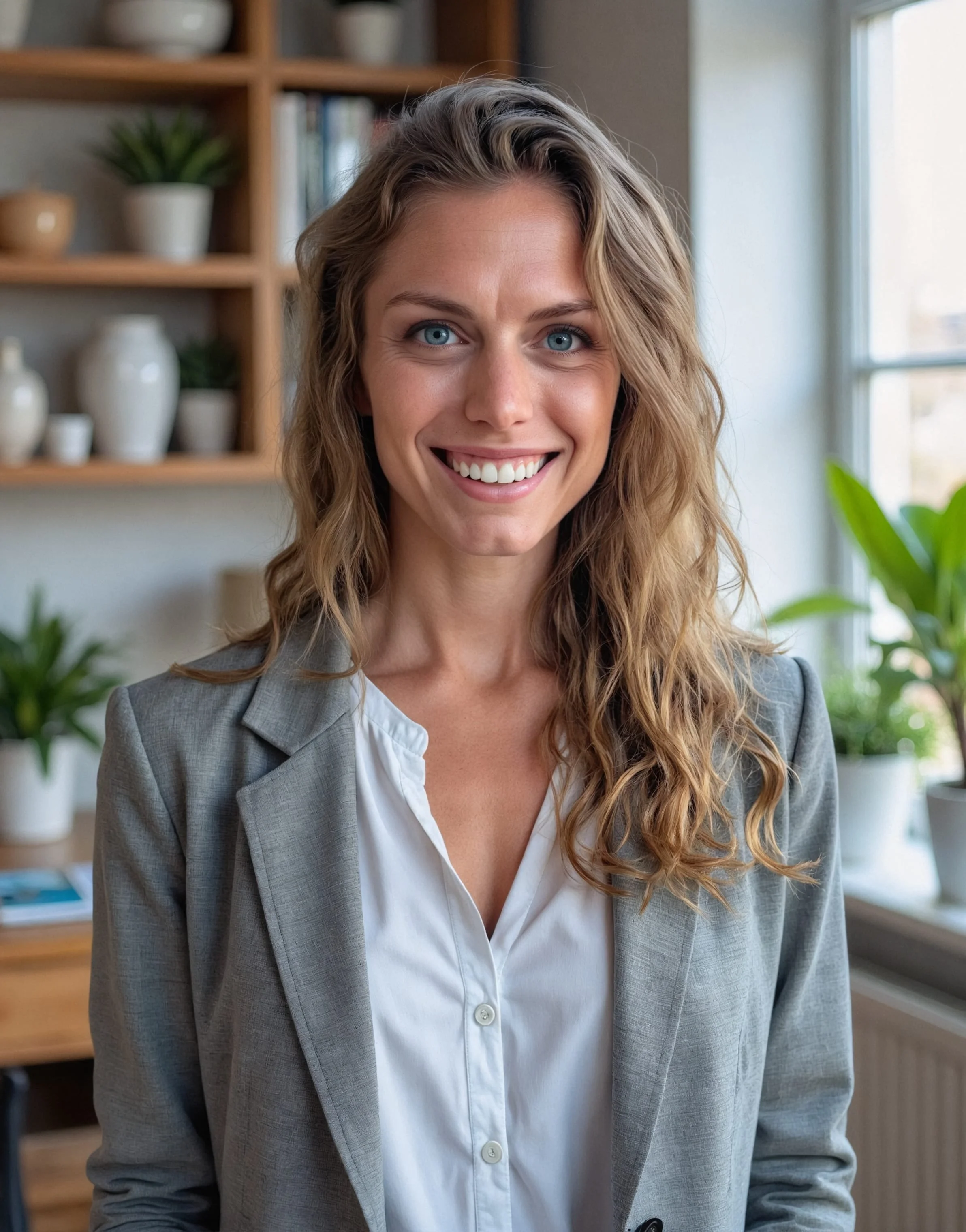 Kali, a woman with wavy blonde hair, blue eyes, and a big smile, standing indoors near a window with potted plants and a wooden bookshelf in the background.