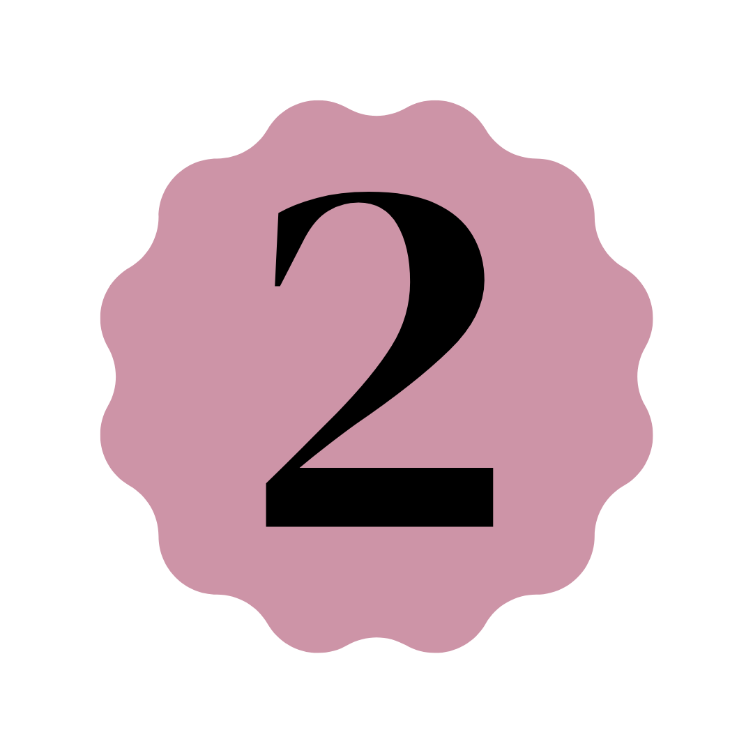 Pink badge with scalloped edges containing the black number 2.