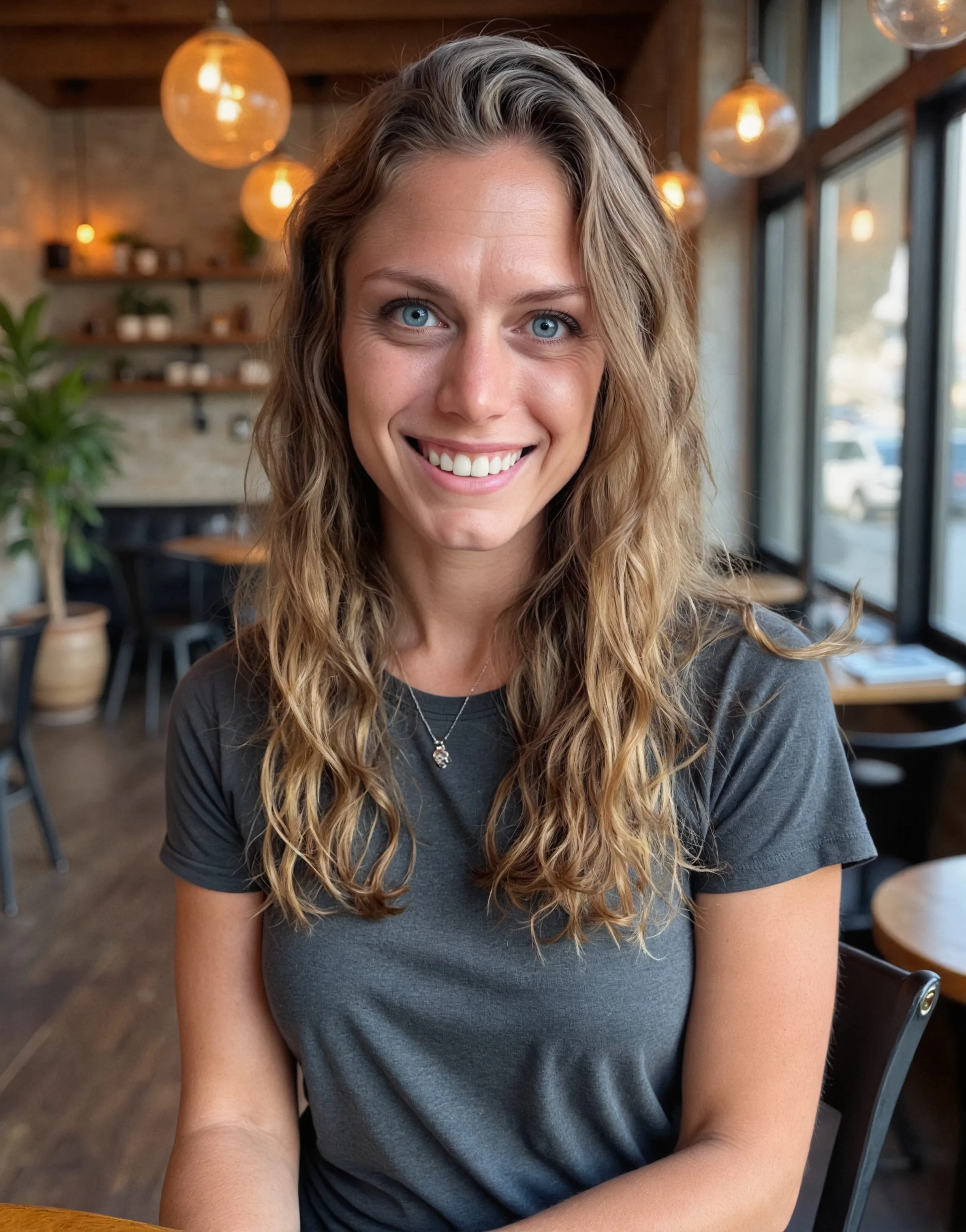 Kali, a young doctor with curly, blonde hair and blue eyes smiling at the camera in a cozy cafe with warm lighting and large windows.
