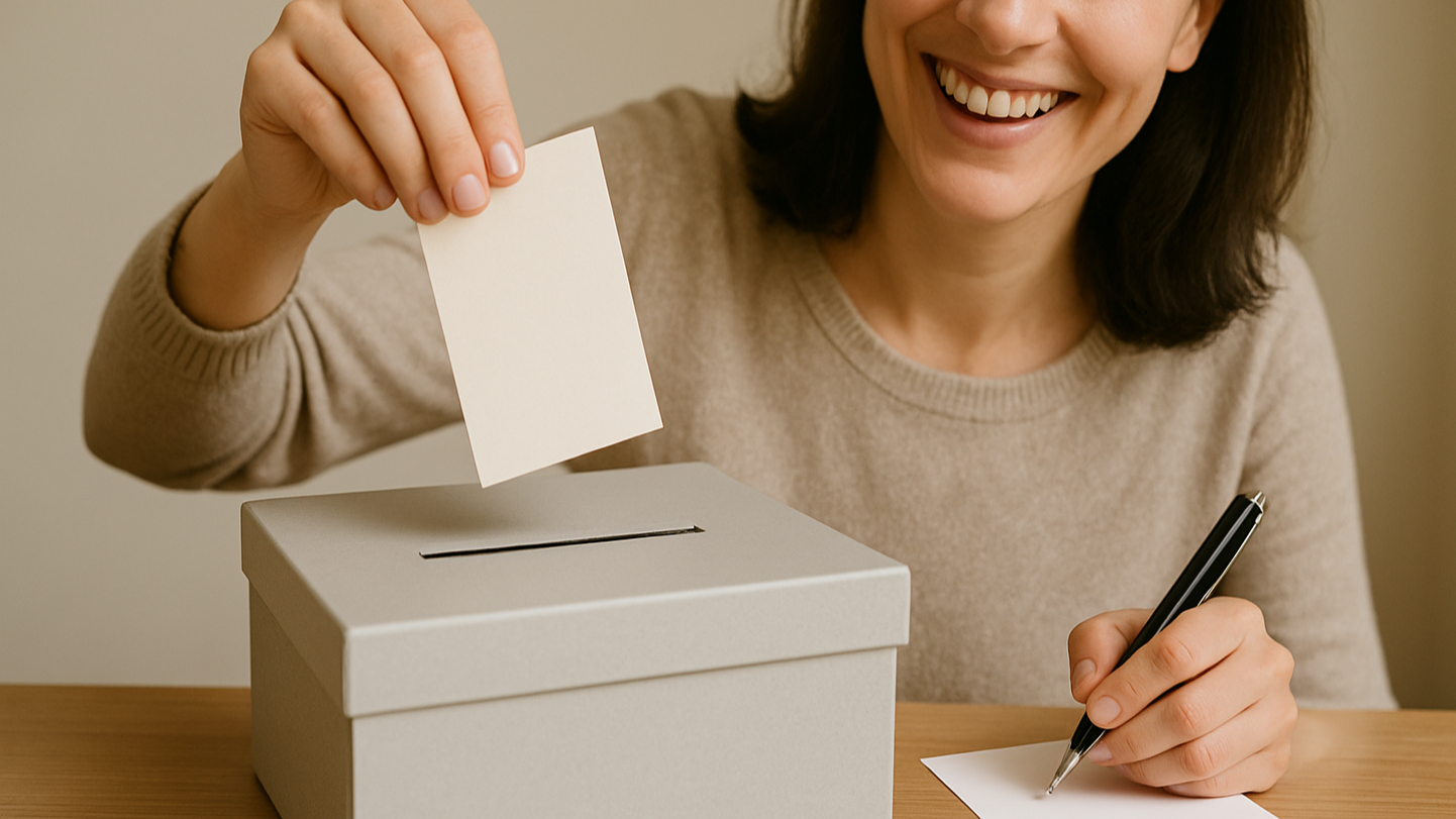 Eine Frau lächelt und wirft einen Stimmzettel in eine Wahlurne, während sie einen Stift in der Hand hält.