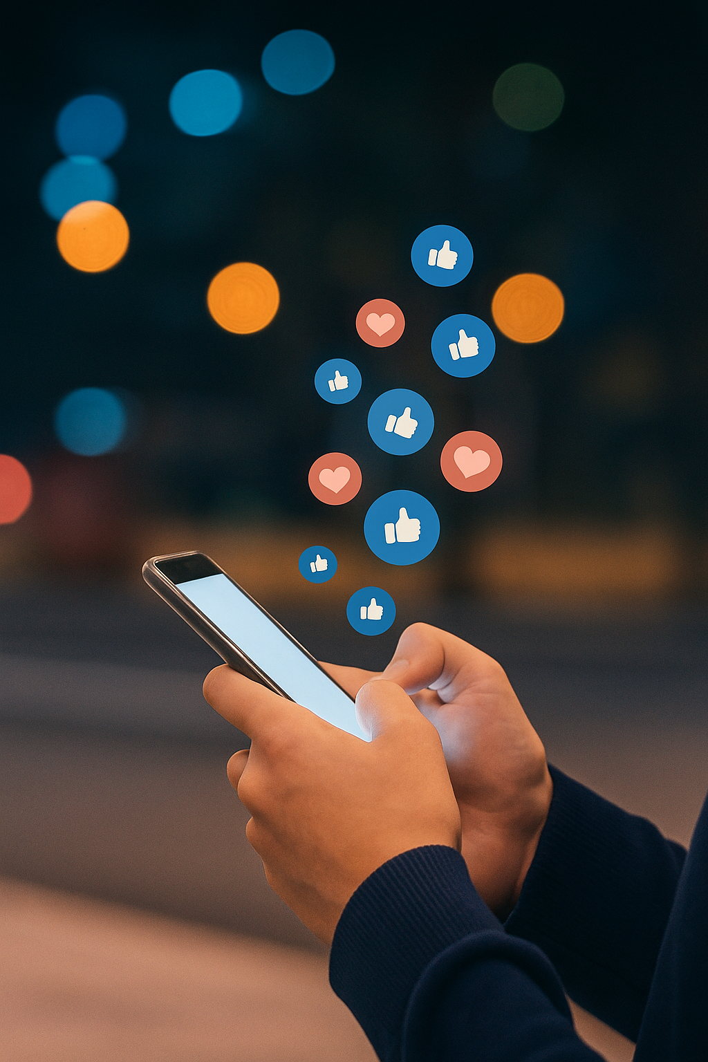 Nahaufnahme einer Person, die ein Smartphone hält, mit Symbolen für Likes und Herzchen, die aus dem Bildschirm aufsteigen. Hintergrund unscharf mit bunten Lichtern.