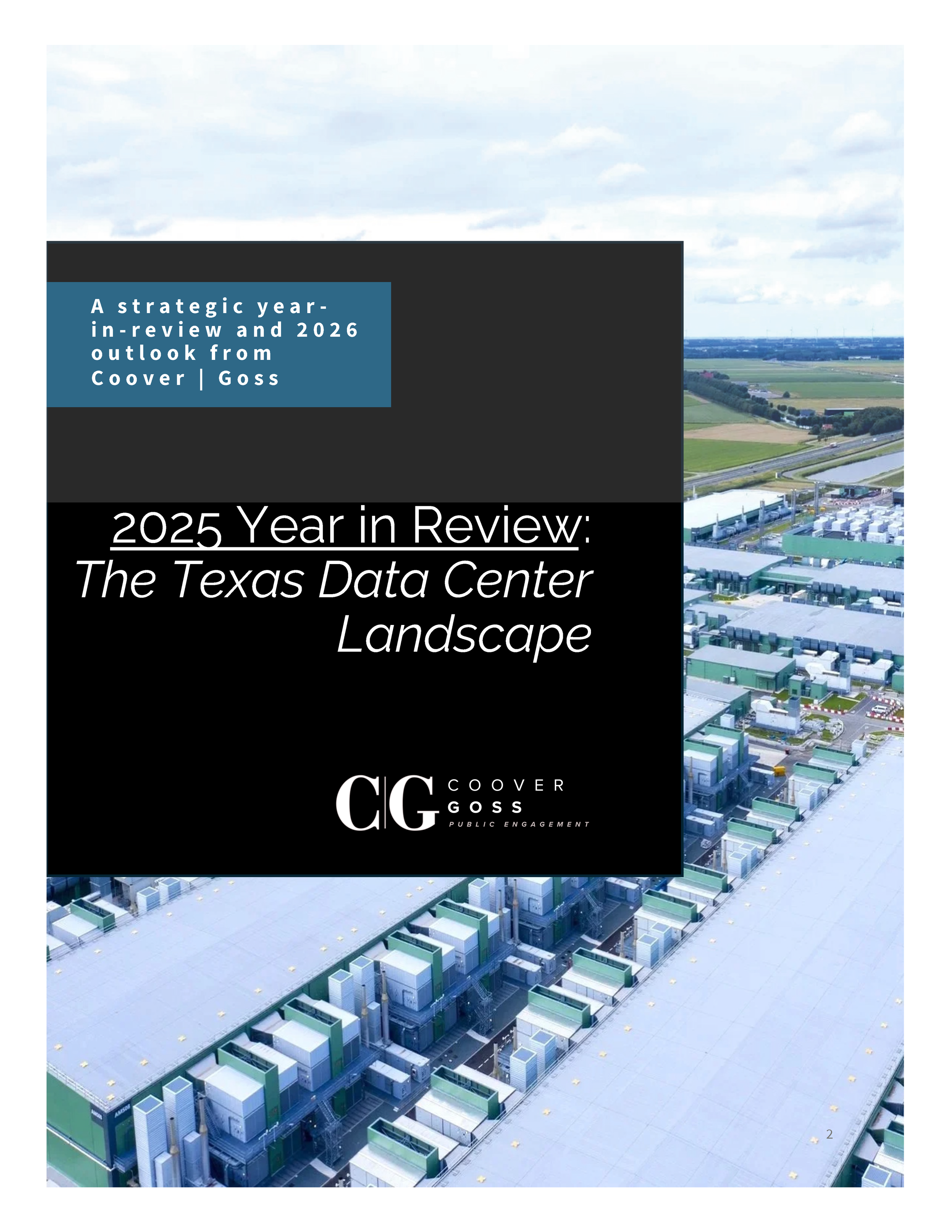 Cover page of a report titled '2025 Year in Review: The Texas Data Center Landscape' with an aerial view of a data center facility with multiple cooling units and cables, and a landscape with fields and a highway.