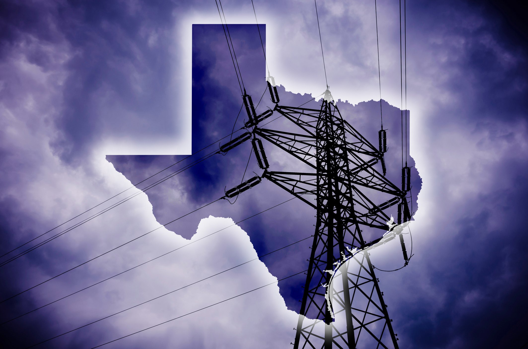 Electric transmission tower with power lines against a cloudy sky, overlaid with the outline of the state of Texas with a photo of the sky inside it.