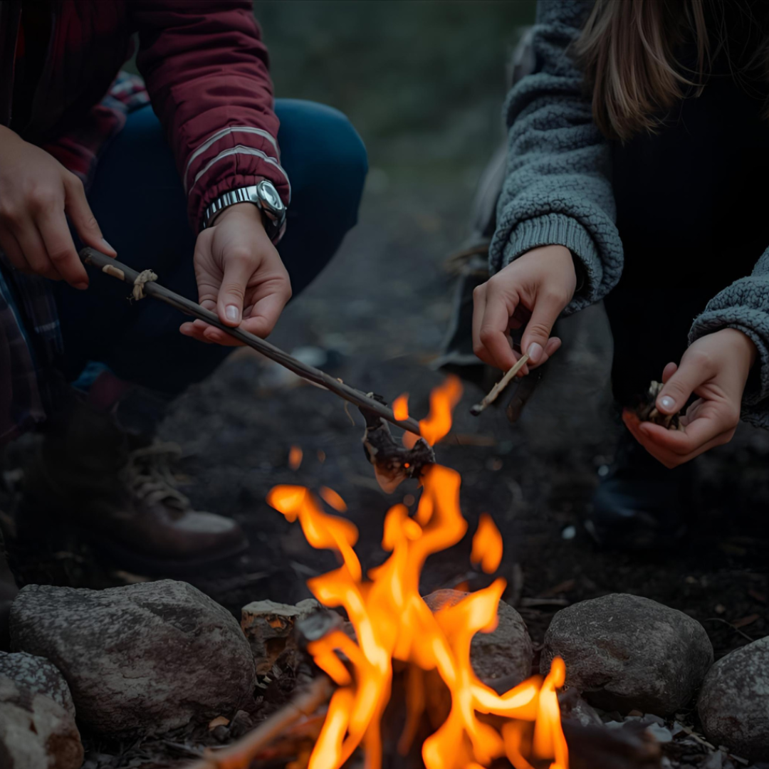 Two people tend to a small campfire outdoors, surrounded by rocks.