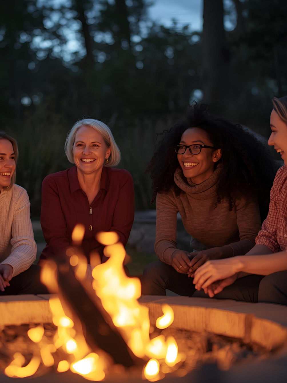 Group of four diverse women of various ages sitting around a campfire outdoors during the evening, smiling and talking as they share their stories and support one another.