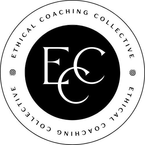 Logo of the Ethical Coaching Collective - a fine line white circle containing the words "Ethical Coaching Collective" which are arranged around a smaller black circle containing white stylized letters E, C and E overlapping in the center.