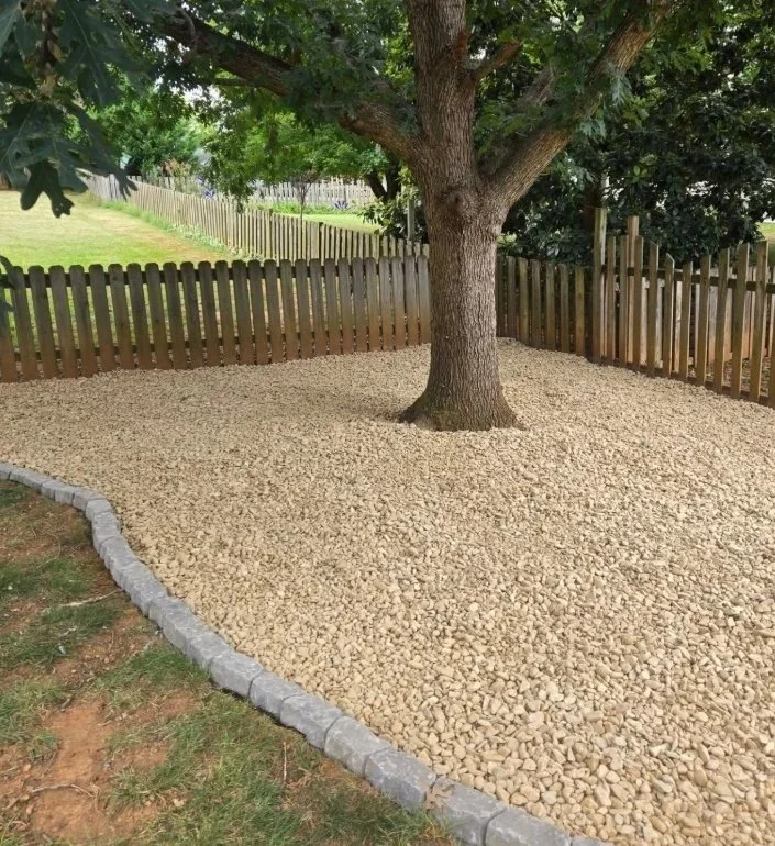 A backyard with a large tree surrounded by a layer of tan gravel, enclosed by a wooden fence, with a small grassy area and stone edging.