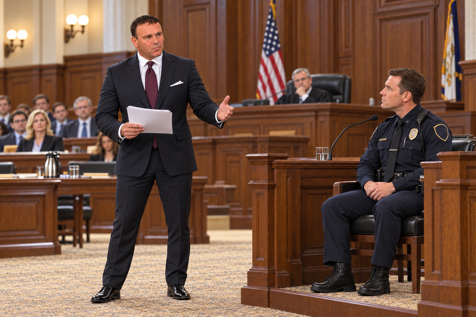 Attorney Sierra cross-examining a police officer in a courtroom — illustrative portrait