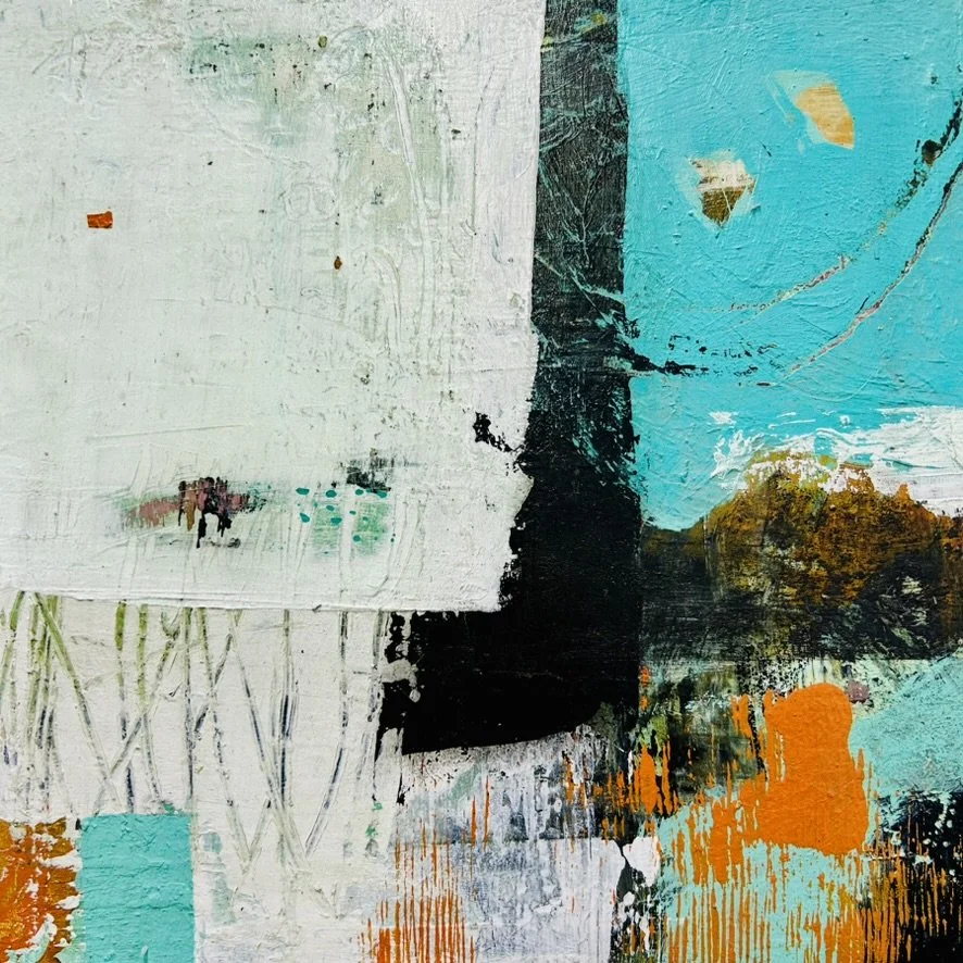 RUST NEVER SLEEPS II: 12” X 12” Mixed media acrylic, collage on board 