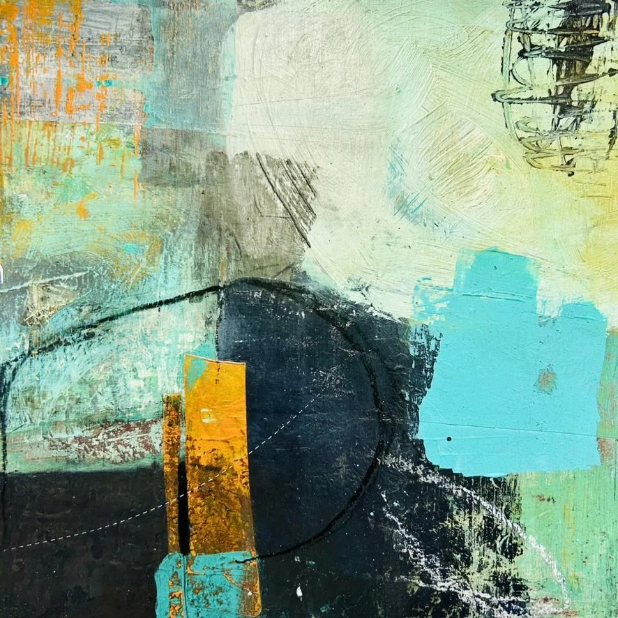 RUST NEVER SLEEPS III: 12” X 12” Mixed media acrylic, collage on board 