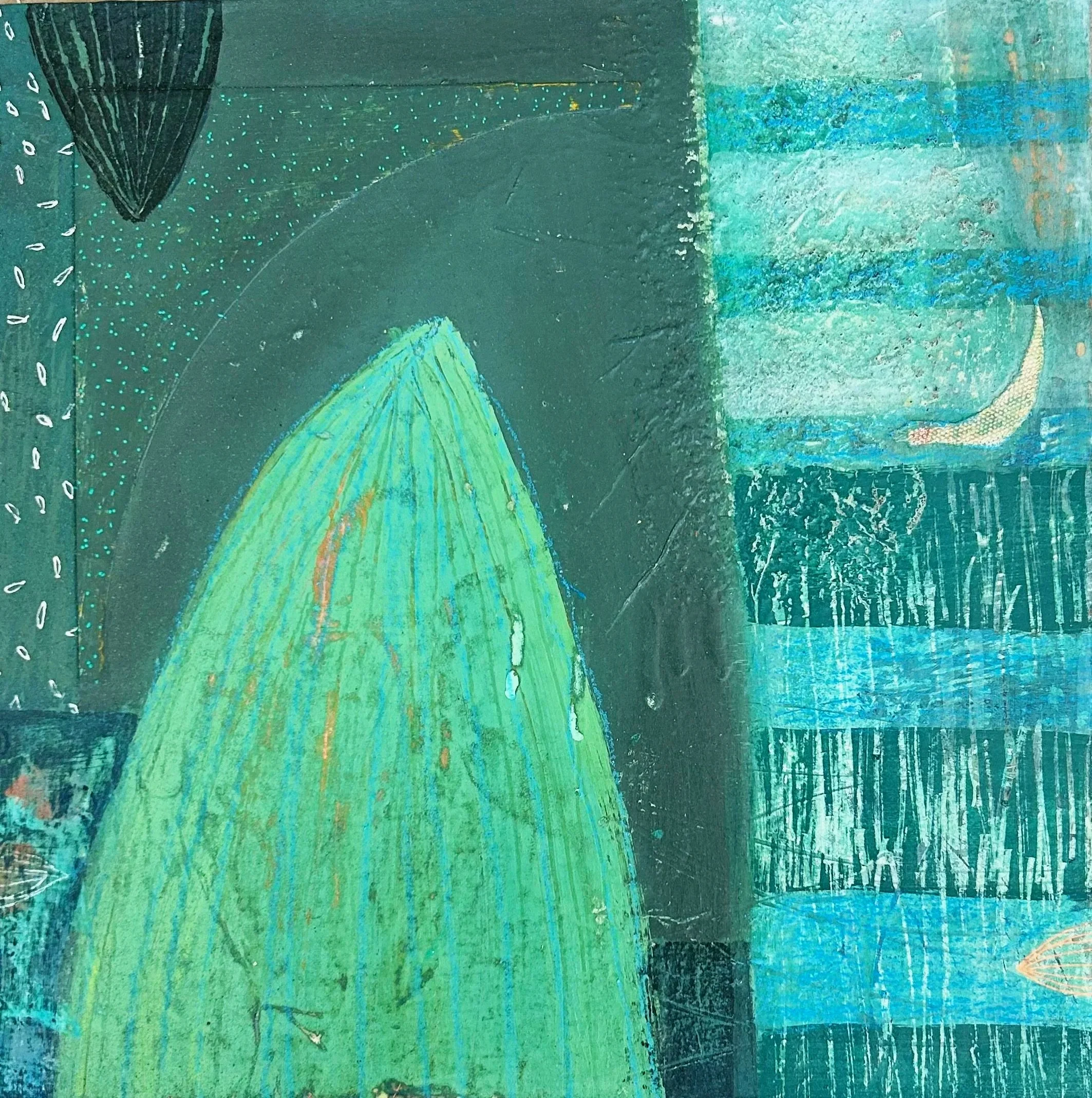 SUBMERGED Small FIVE: 12” X 12” Mixed media acrylic, collage on board