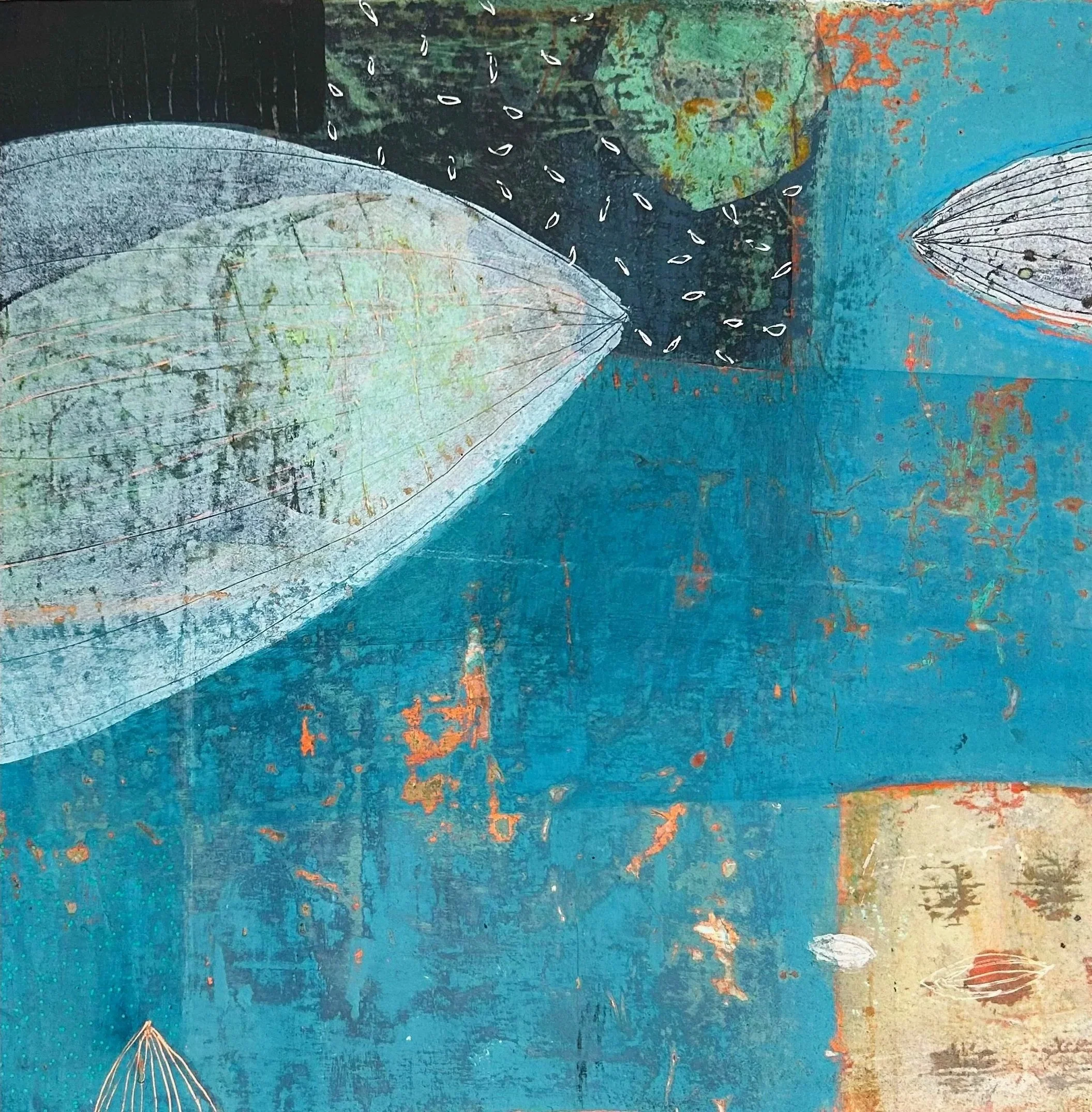 SUBMERGED Small TWO: 12” X 12” Mixed media acrylic, collage on board