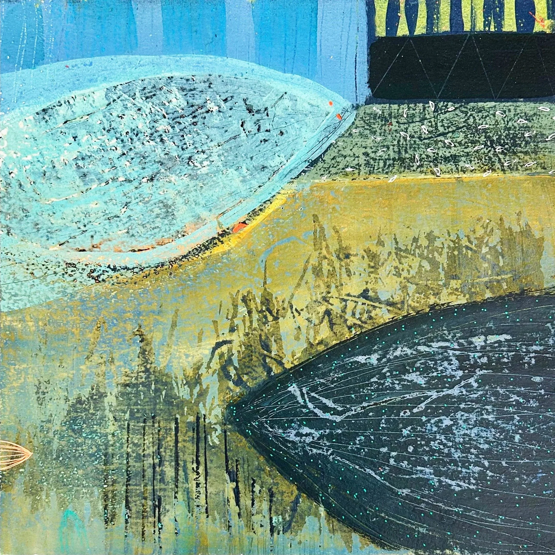 SUBMERGED Small SIX: 12” X 12” Mixed media acrylic, collage on board