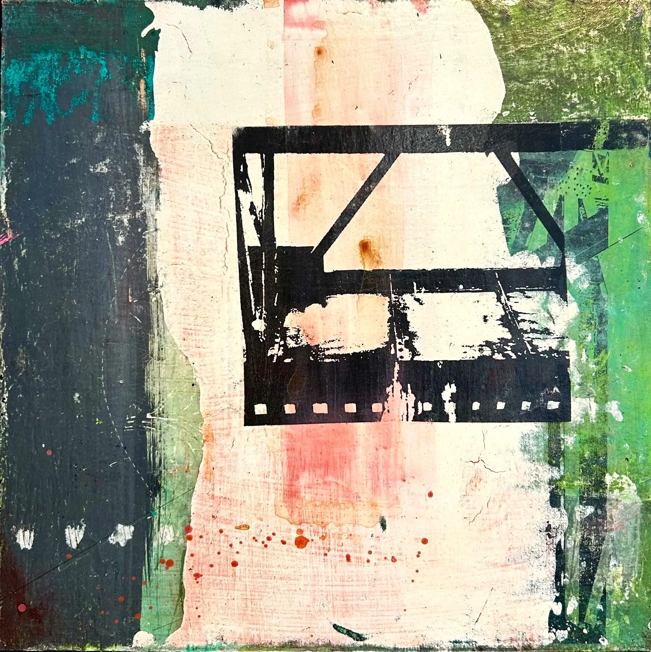 412 BRIDGES II: 12" X 12" Mixed media acrylic, collage on board