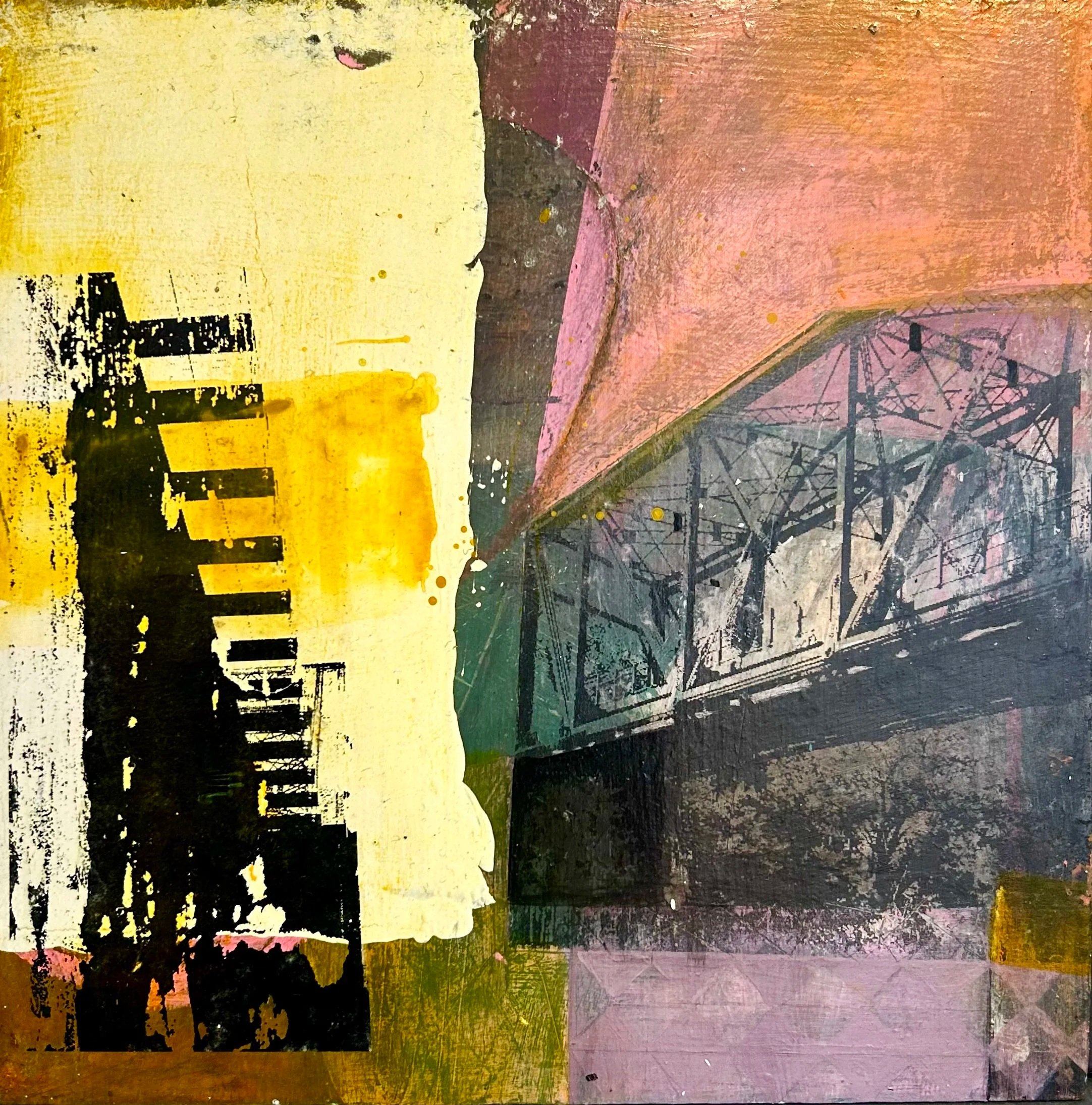 412 BRIDGES III: 12" X 12" Mixed media acrylic, collage on board
