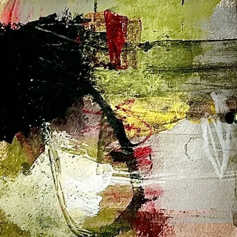 FALL RETURNING I: 6" X 6" Acrylic, graphite, crayon, wax, charcoal, collage, mixed media on paper