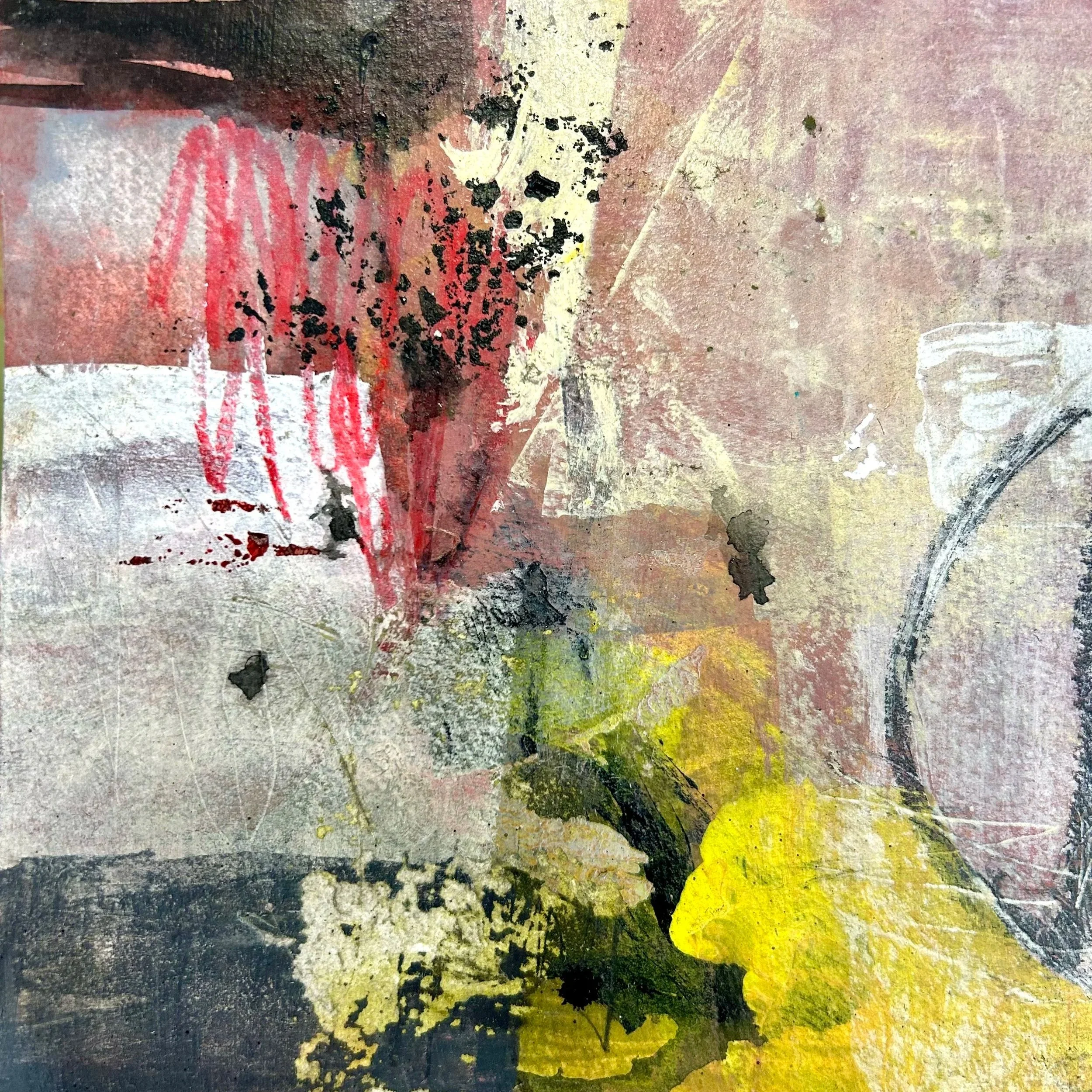 FALL RETURNING III: 6" X 6" Acrylic, graphite, crayon, wax, charcoal, collage, mixed media on paper