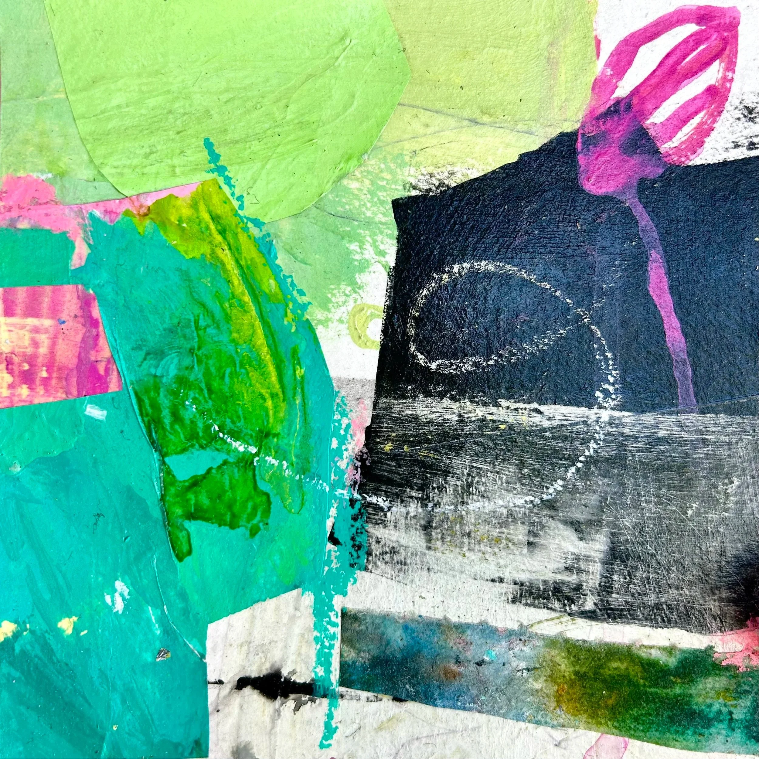 BIG HUGS: 6" X 6" Acrylic, graphite, crayon, wax, charcoal, collage, mixed media on paper