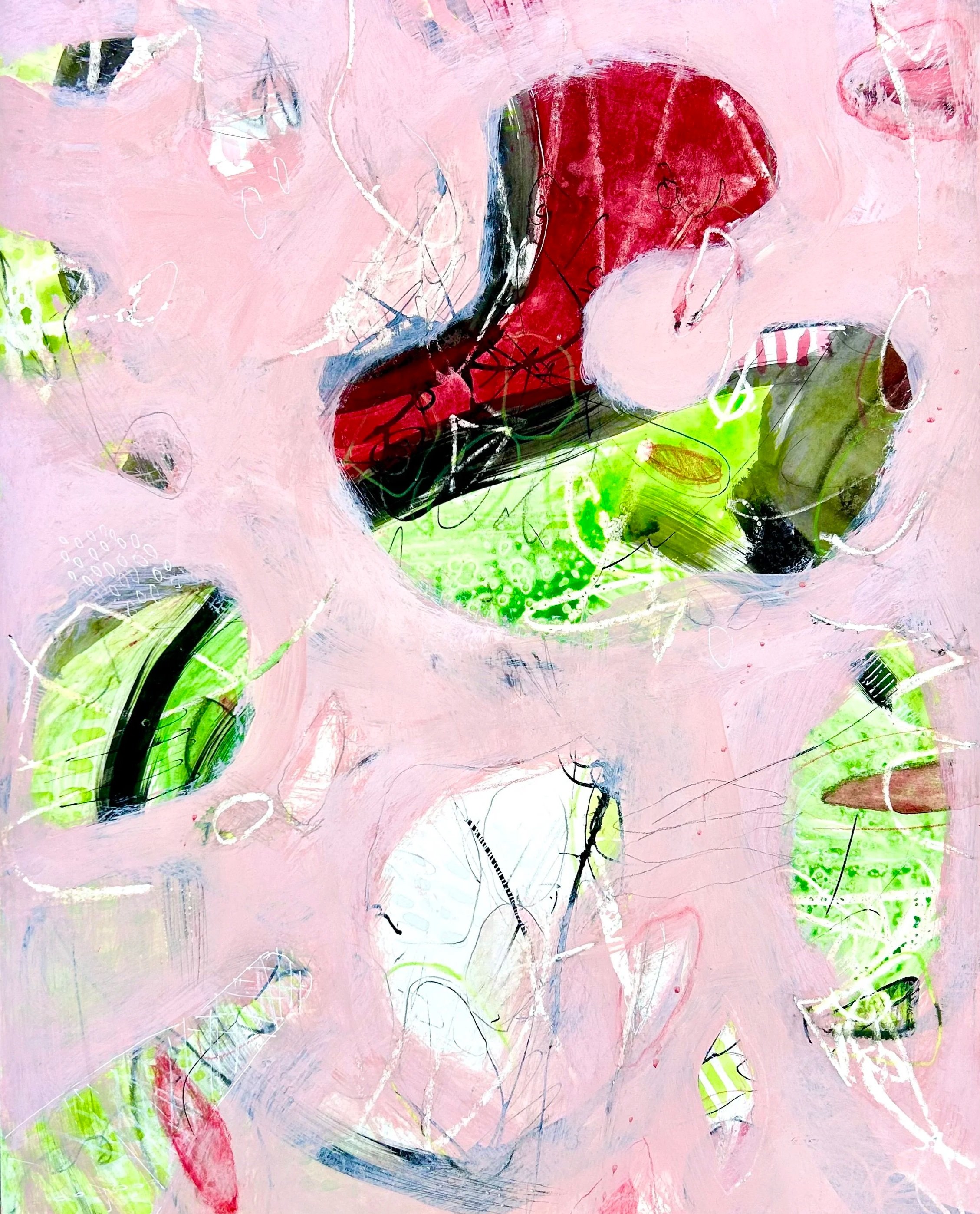 MILKY PINK: 16” X 20” Mixed media watercolor, gouache, charcoal, pencil, wax on paper 