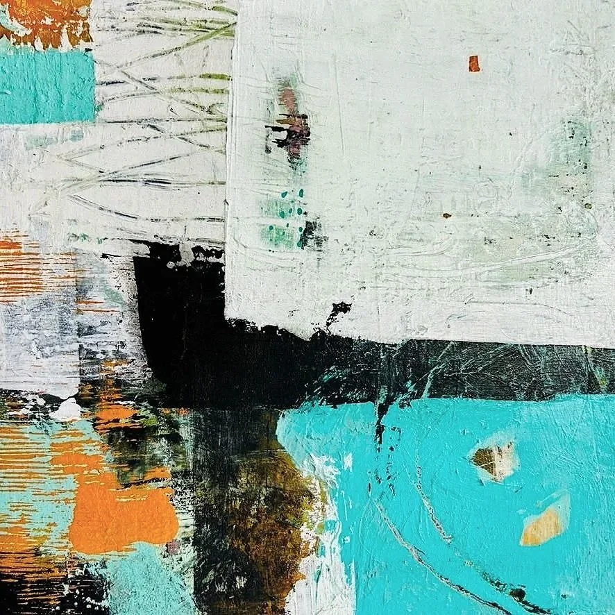 RUST NEVER SLEEPS II: 12” X 12” Mixed media acrylic, collage on board 