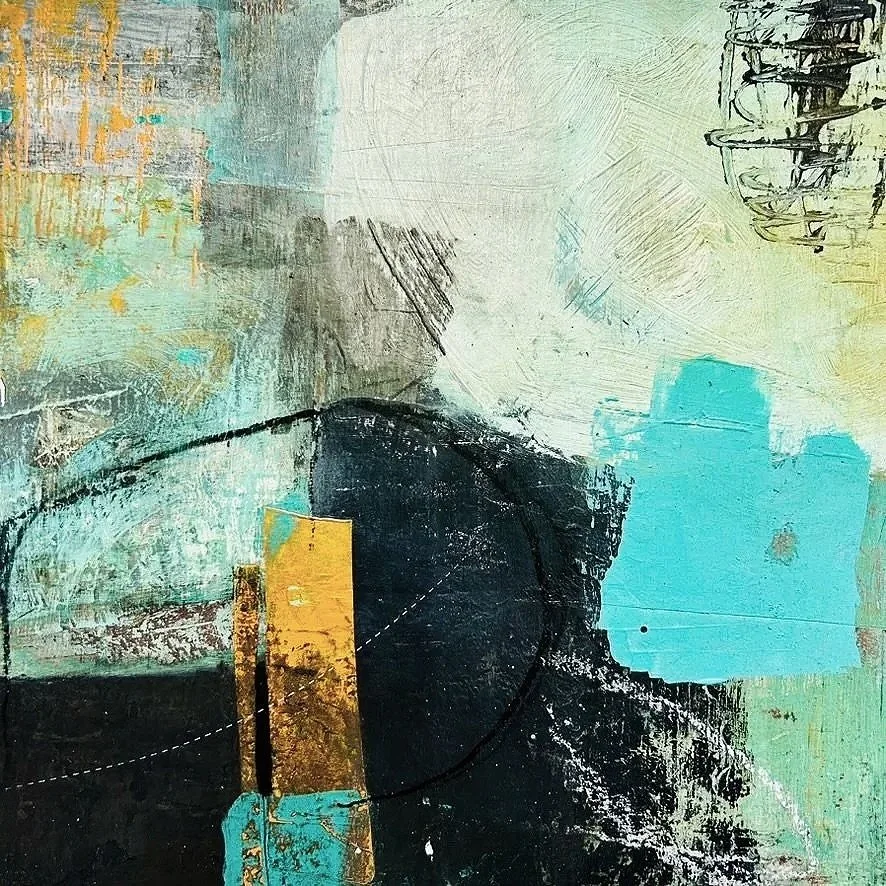 RUST NEVER SLEEPS III: 12” X 12” Mixed media acrylic, collage on board 