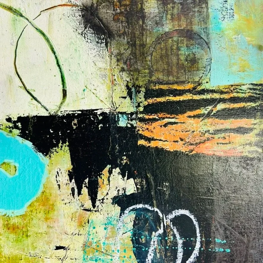 RUST NEVER SLEEPS I: 12” X 12” Mixed media acrylic, collage on board 
