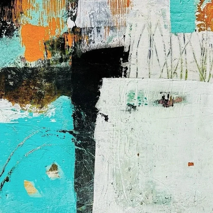 RUST NEVER SLEEPS II: 12” X 12” Mixed media acrylic, collage on board 